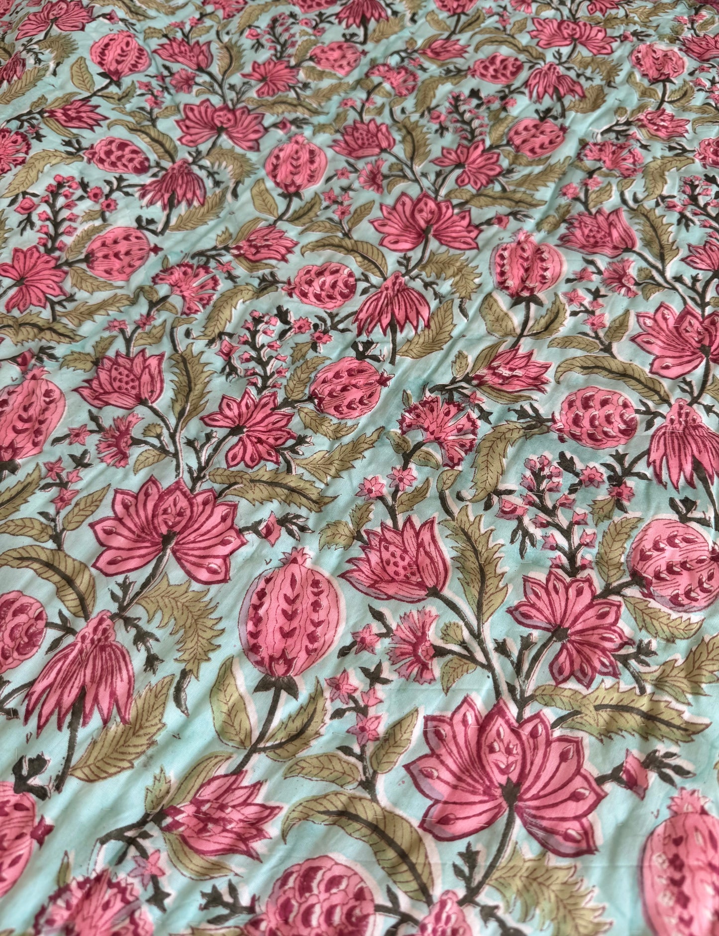 House of Mulmul - Blockprinted Cotton Quilt. Reversible Quilt. Bedroom with floral hand blockprinted bedspread cotton quilt, pillows