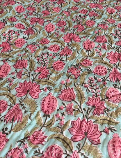 House of Mulmul - Blockprinted Cotton Quilt. Reversible Quilt. Bedroom with floral hand blockprinted bedspread cotton quilt, pillows