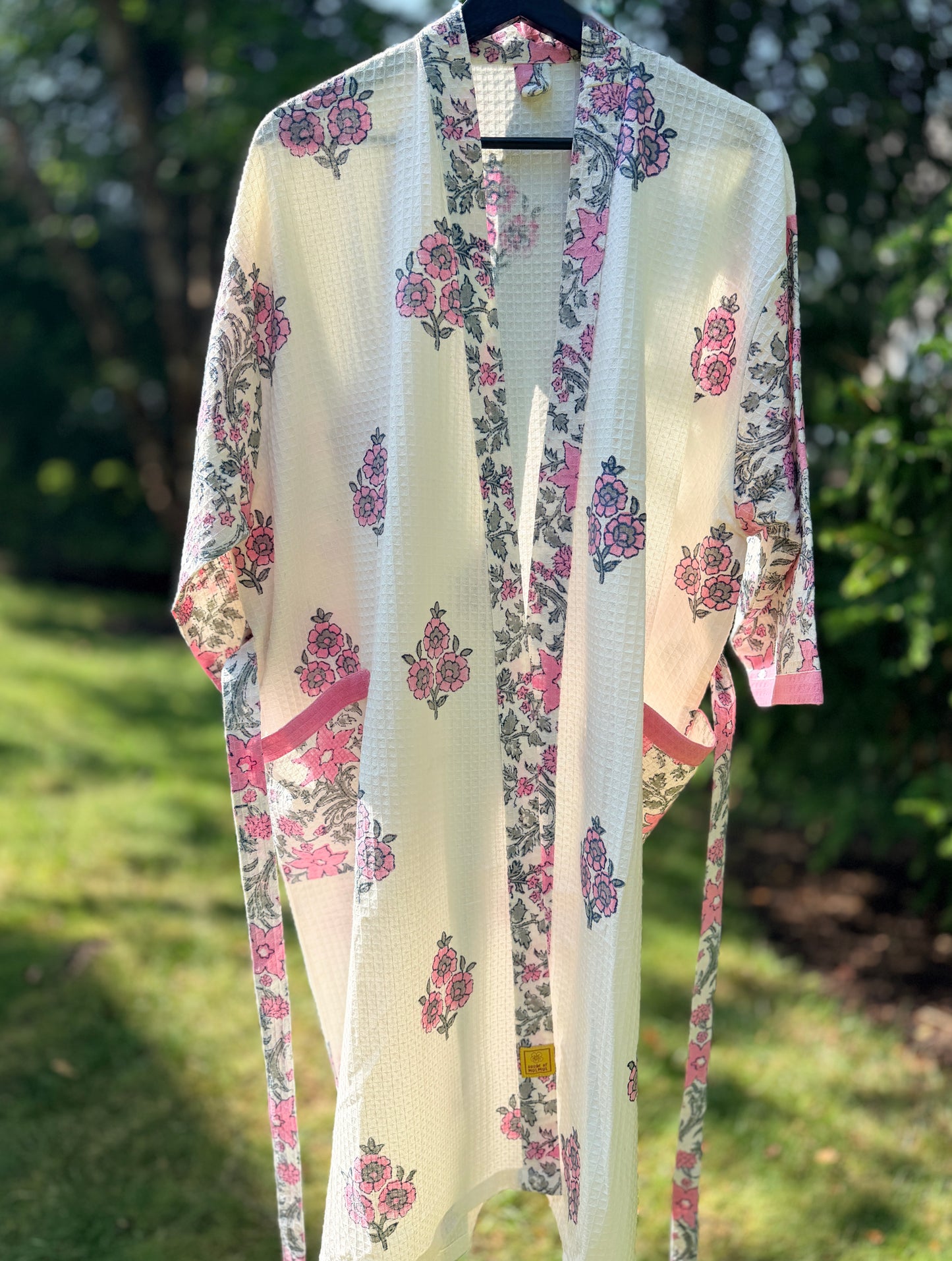 House of Mulmul - Blockprinted Cotton Bathrobe. Pink White Green Grey. Indian print cotton bathrobe. Floral Bathrobe.
