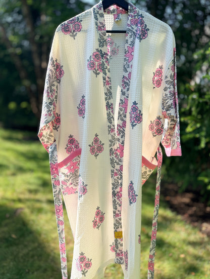 House of Mulmul - Blockprinted Cotton Bathrobe. Pink White Green Grey. Indian print cotton bathrobe. Floral Bathrobe.