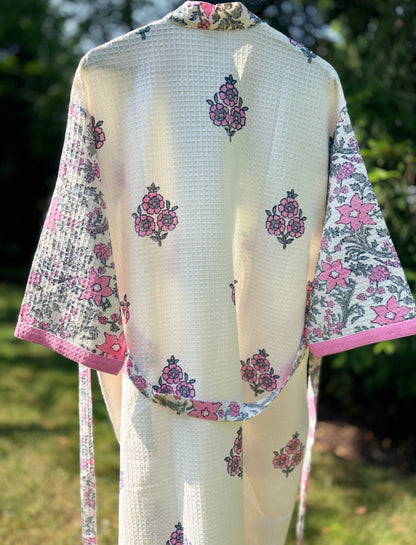 House of Mulmul - Blockprinted Cotton Bathrobe. Pink White Green Grey. Indian print cotton bathrobe. Floral Bathrobe.