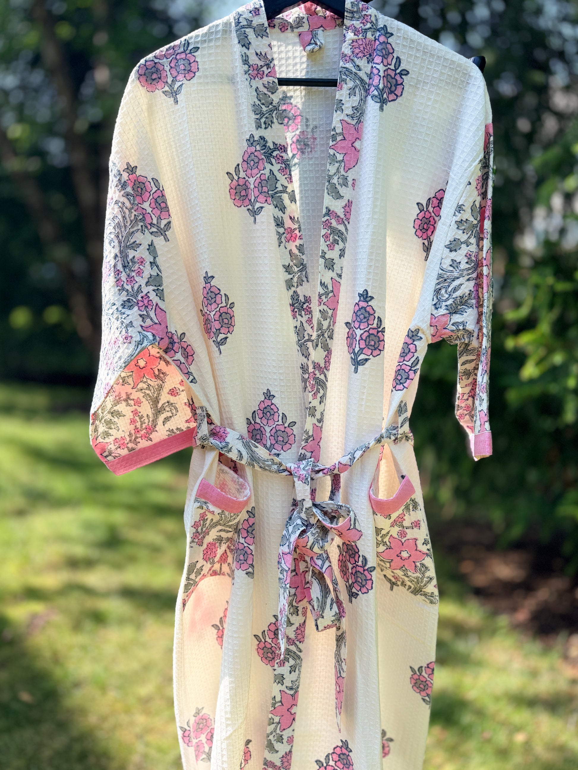 House of Mulmul - Blockprinted Cotton Bathrobe. Pink White Green Grey. Indian print cotton bathrobe. Floral Bathrobe.