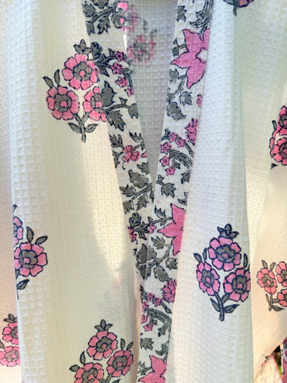 House of Mulmul - Blockprinted Cotton Bathrobe. Pink White Green Grey. Indian print cotton bathrobe. Floral Bathrobe.