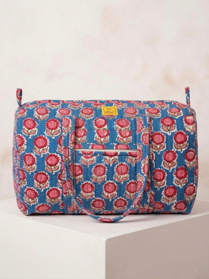 House of Mulmul - Blockprinted Cotton Duffle Bag Weekender Bag. Floral patterned bag on a white background