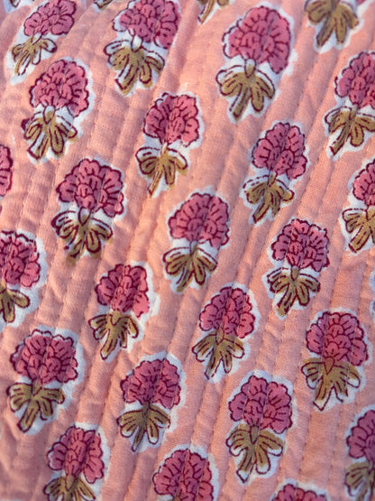 House of Mulmul - Blockprinted Cotton Duffle Bag Weekender Bag. Patterned fabric with pink floral design on a pink background