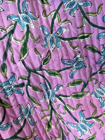 House of Mulmul - Blockprinted Cotton Duffle Bag Weekender Bag. Floral pattern on a purple fabric background
