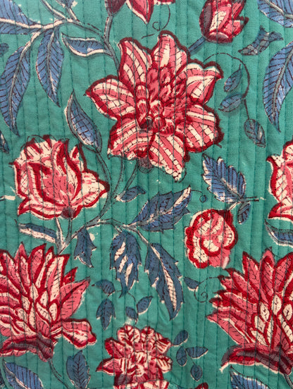 House of Mulmul - Blockprinted Cotton Duffle Bag Weekender Bag. Floral pattern with red flowers on a teal background