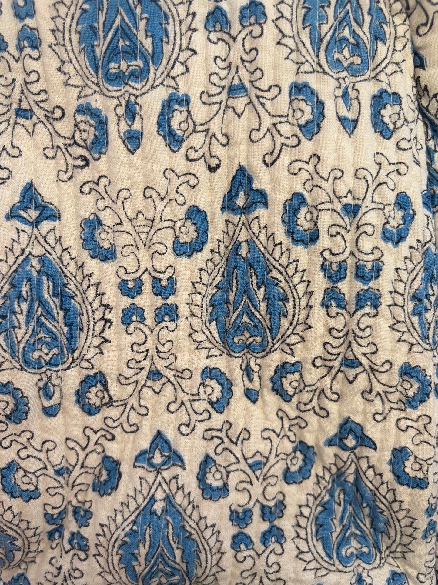 House of Mulmul - Blockprinted Cotton Duffle Bag Weekender Bag. Close-up of fabric with blue and beige paisley pattern