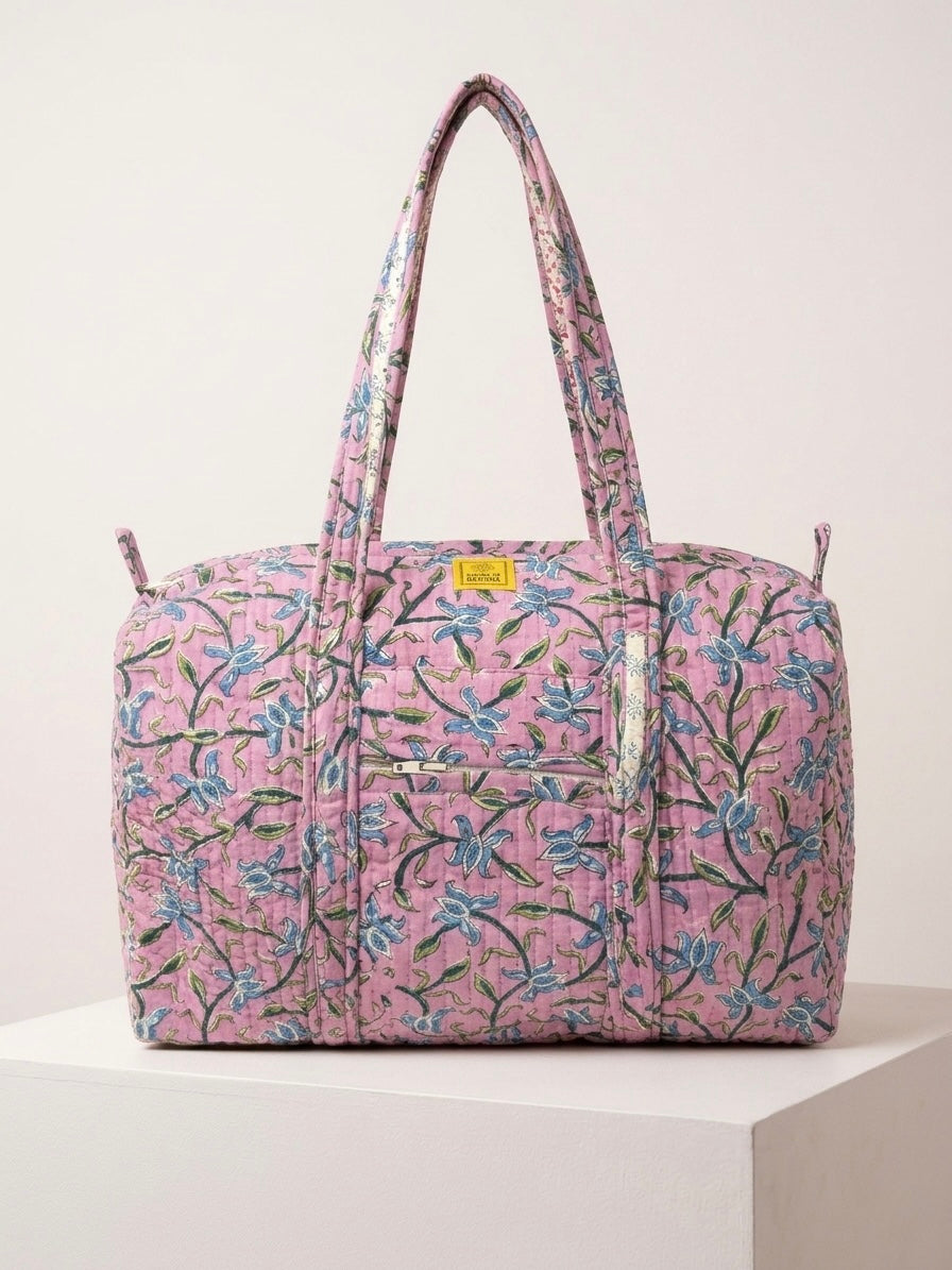 House of Mulmul - Blockprinted Cotton Duffle Bag Weekender Bag. Floral patterned bag on a light background