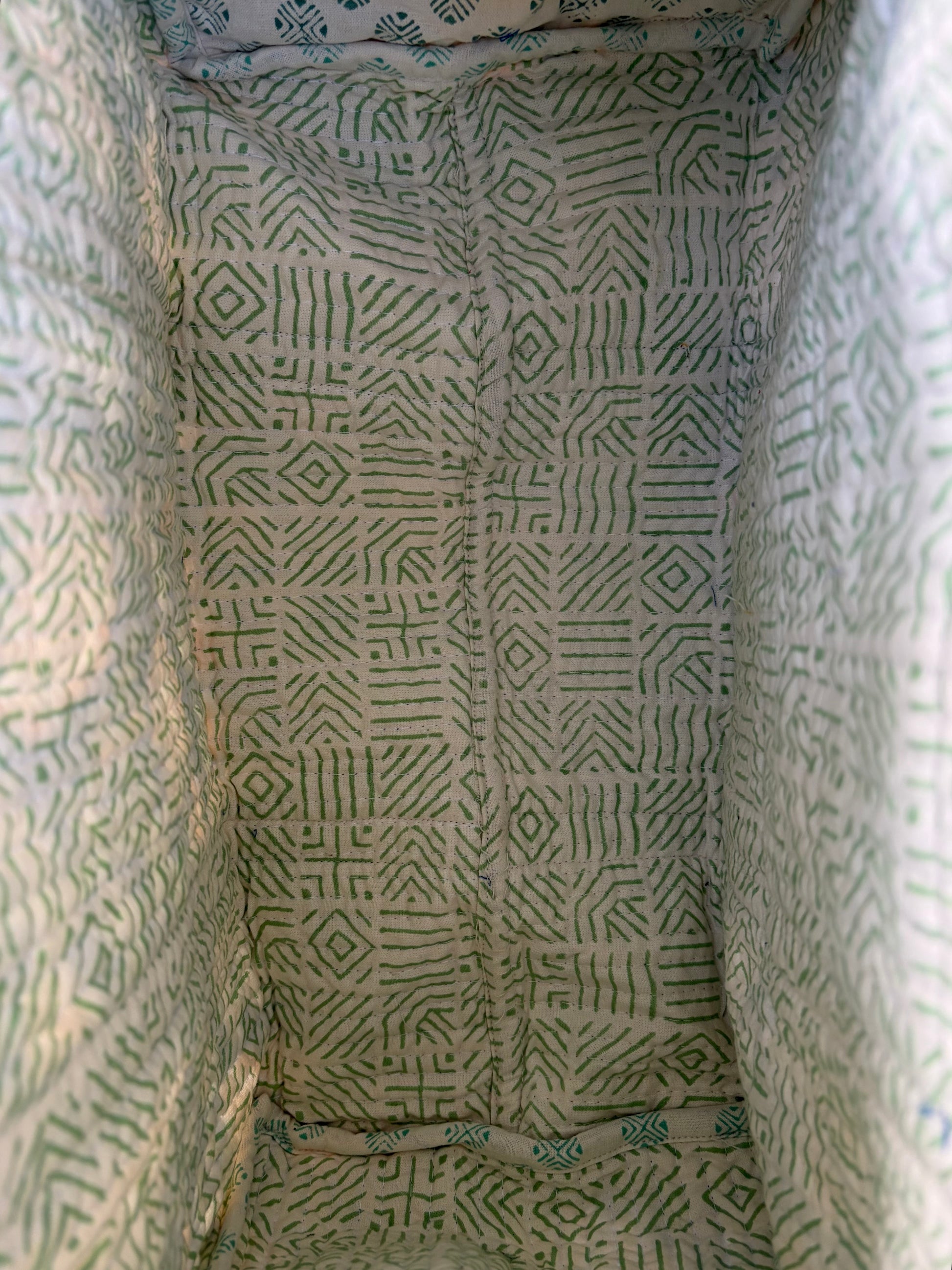 House of Mulmul - Blockprinted Cotton Duffle Bag Weekender Bag. Geometric pattern inside the bag