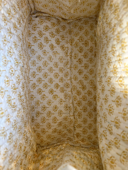 House of Mulmul - Blockprinted Cotton Duffle Bag Weekender Bag. Inside of the bag with patterned fabric in yellow floral design