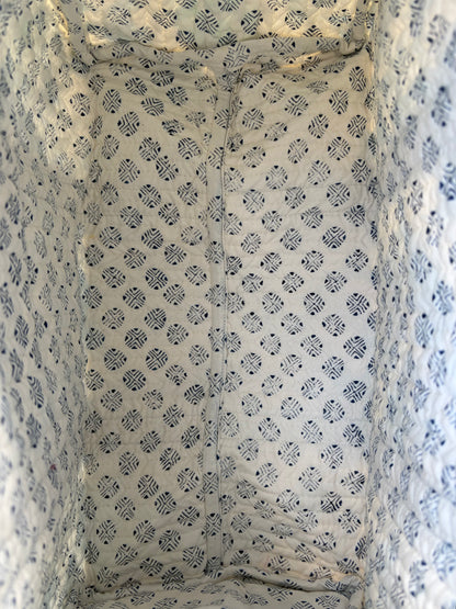 House of Mulmul - Blockprinted Cotton Duffle Bag Weekender Bag. Inside of the bag with patterned fabric and geometric design.background