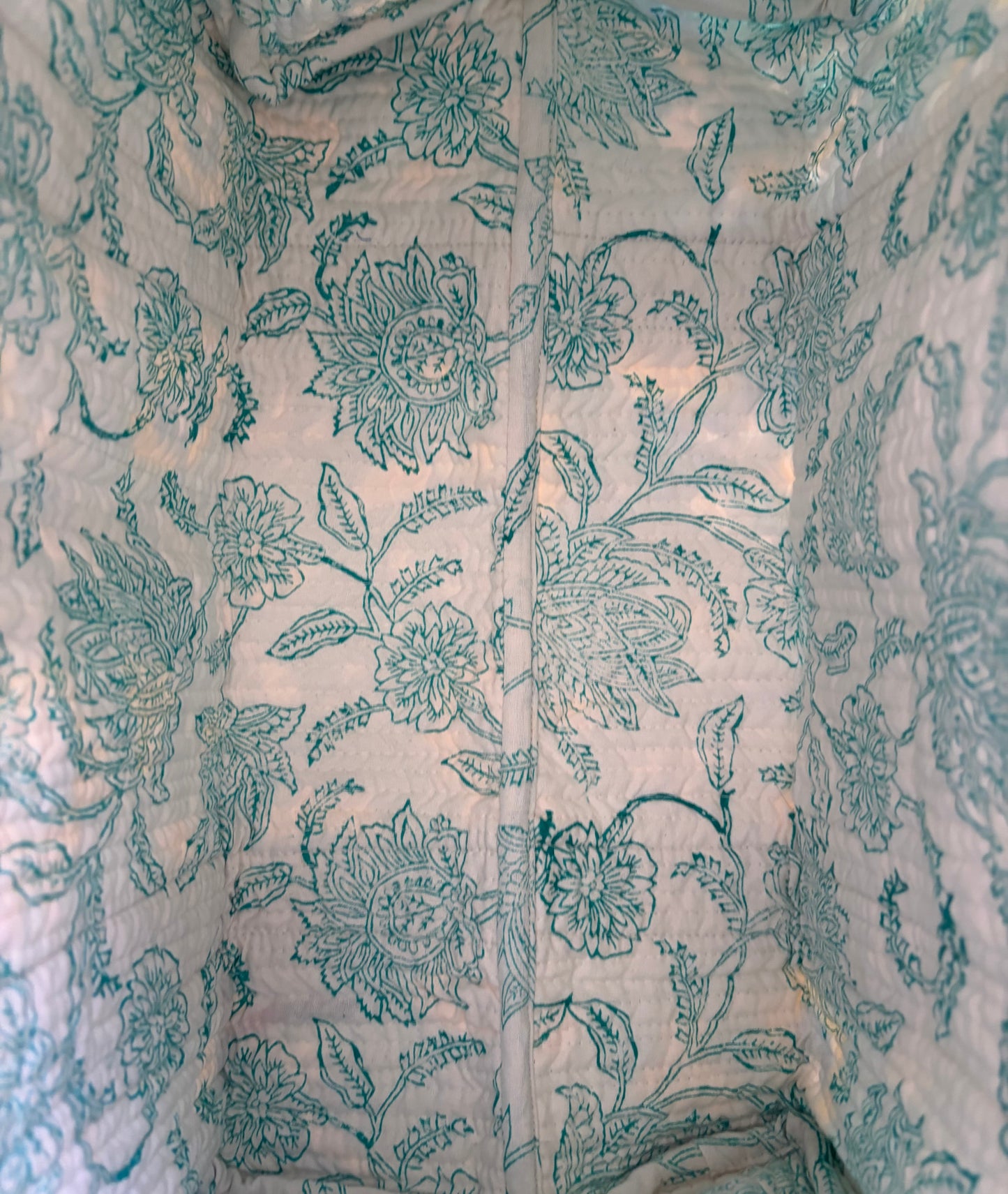 House of Mulmul - Blockprinted Cotton Duffle Bag Weekender Bag. Floral patterned fabric with green flowers on a light background.