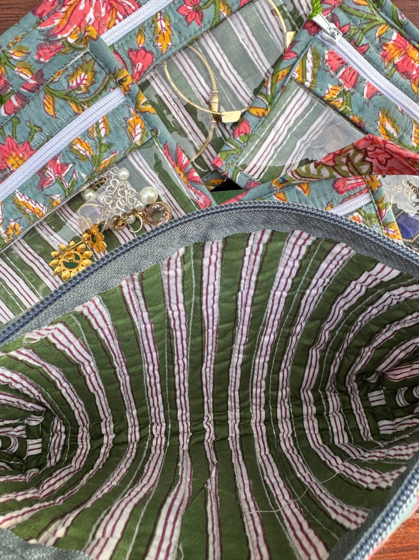 Blockprinted Cotton Quilted Jewelry Bag with Pouches
