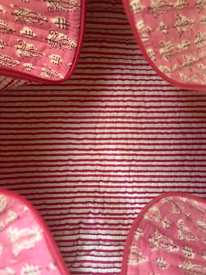 Pink Buds - Block Print Hair Tool Cotton Quilted Bag - Pink Floral
