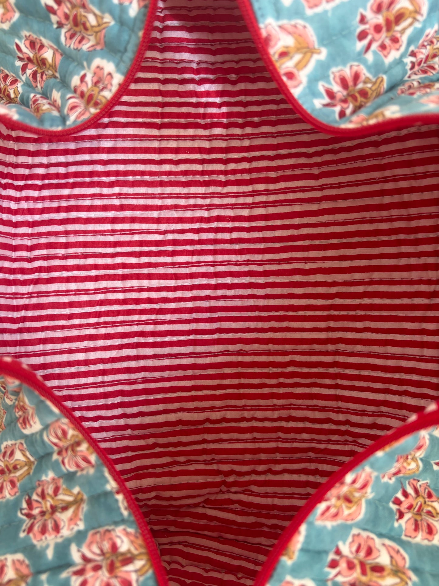 House of Mulmul - Blockprinted Cotton Hair Tool Bag. Red and white striped hair tool bag with floral border