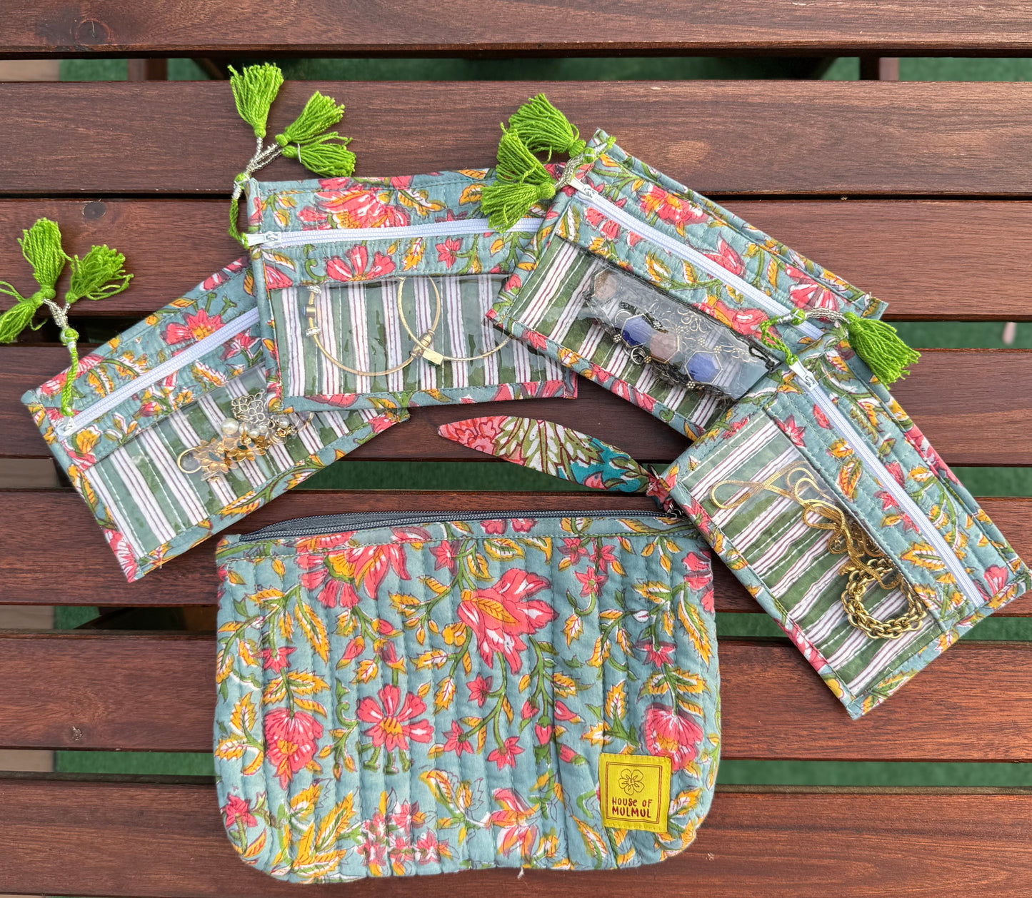 Blockprinted Cotton Quilted Jewelry Bag with Pouches