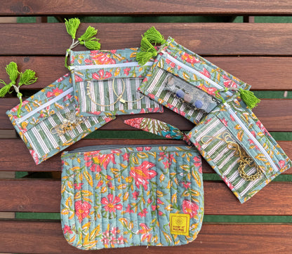 Blockprinted Cotton Quilted Jewelry Bag with Pouches