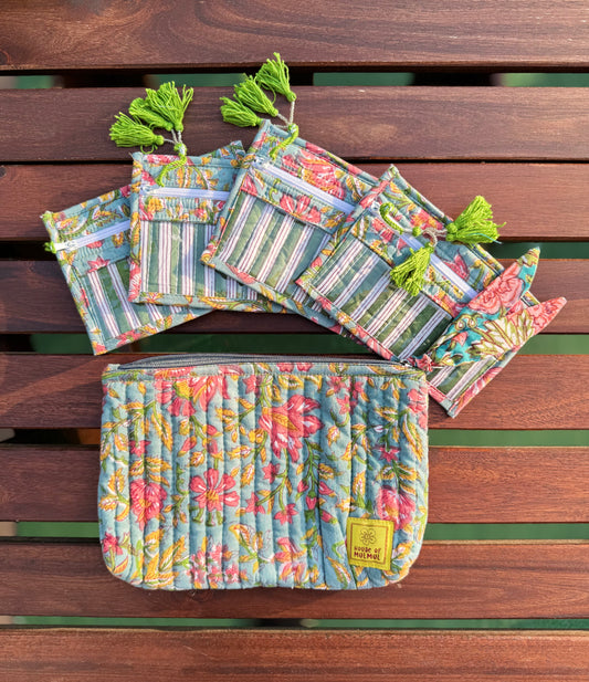 Blockprinted Cotton Quilted Jewelry Bag with Pouches