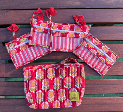 Blockprinted Cotton Quilted Jewelry Bag with Pouches