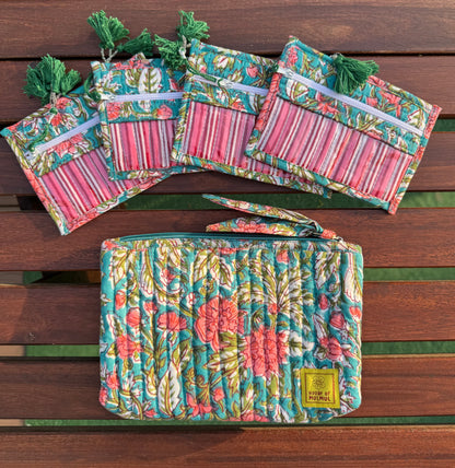 Blockprinted Cotton Quilted Jewelry Bag with Pouches