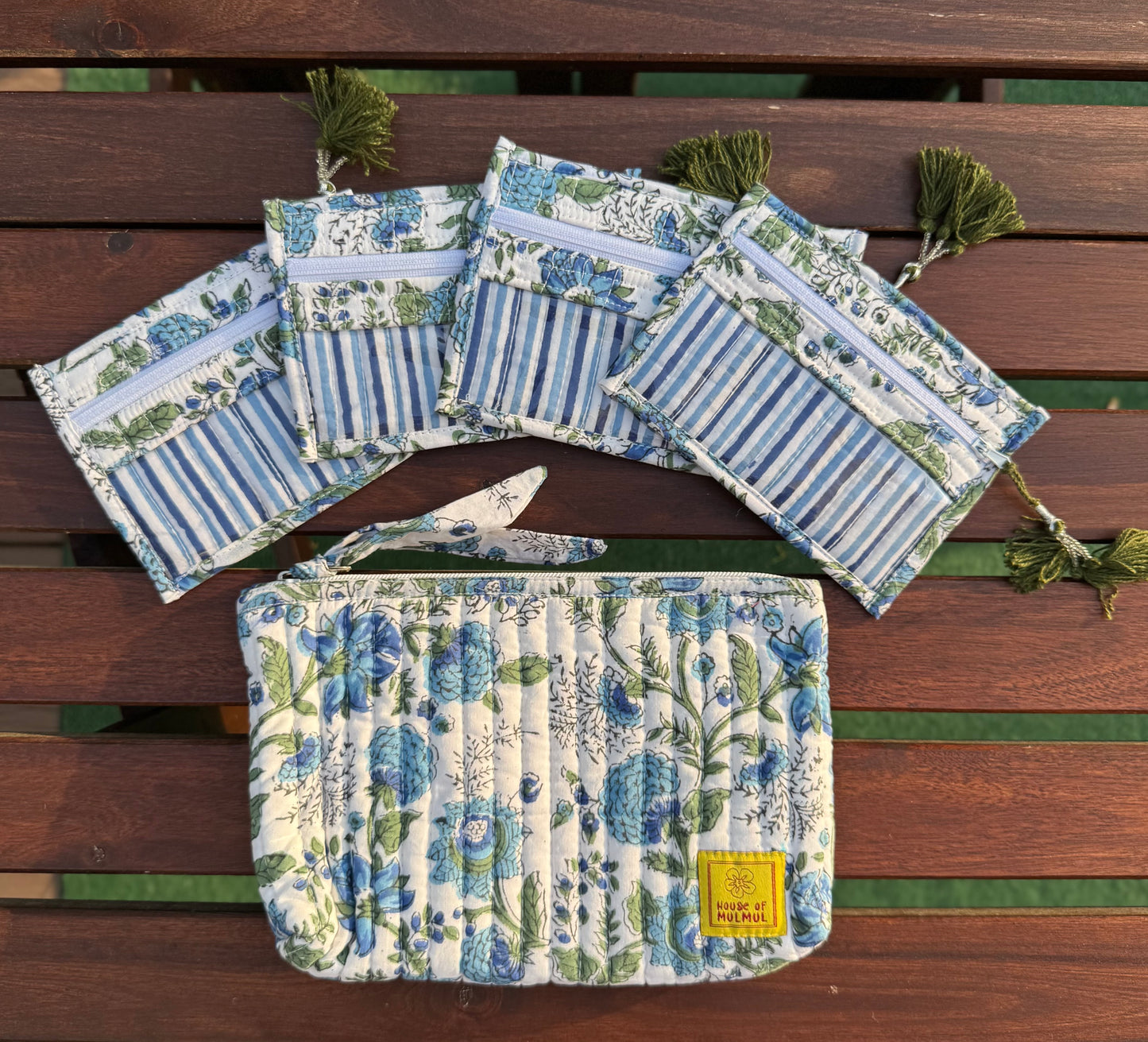 Blockprinted Cotton Quilted Jewelry Bag with Pouches