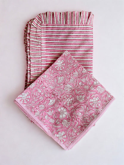 House of Mulmul - Blockprinted Cotton Placemats and Napkins. Pink striped placemats and napkins.