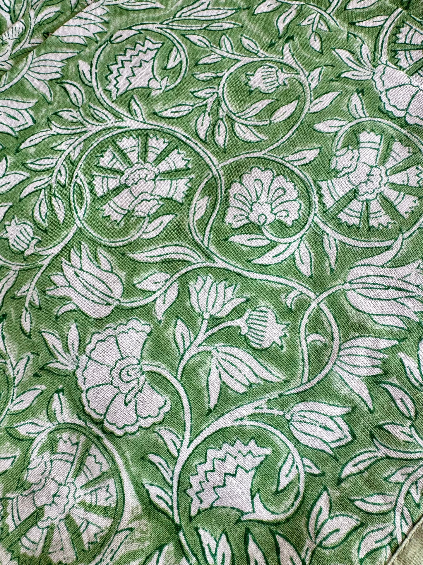 House of Mulmul - Blockprinted Cotton Placemats and Napkins. Green fabric with white floral pattern
