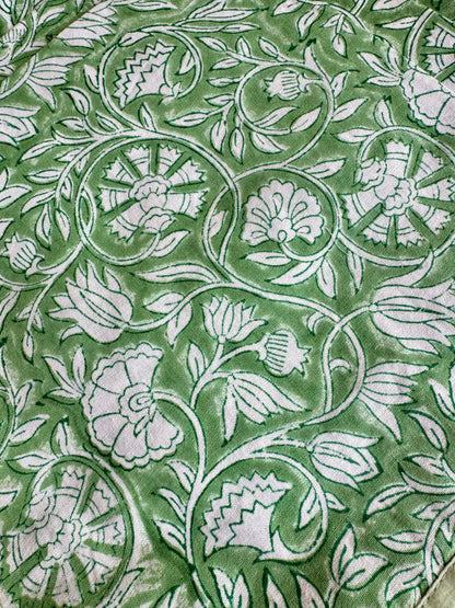House of Mulmul - Blockprinted Cotton Placemats and Napkins. Green fabric with white floral pattern