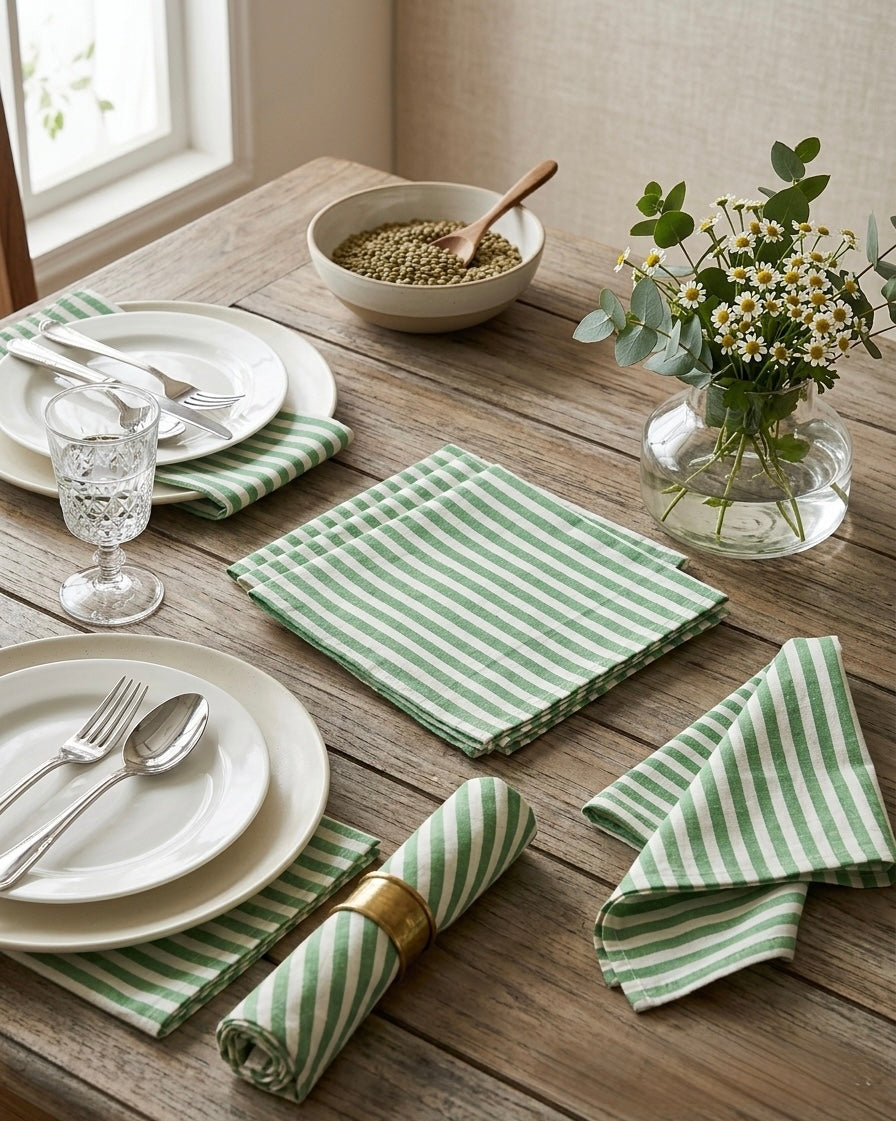 House of Mulmul - Blockprinted Cotton Table Napkins. Dining table set with green & white striped napkins, white plates, and silverware on a wooden surface.