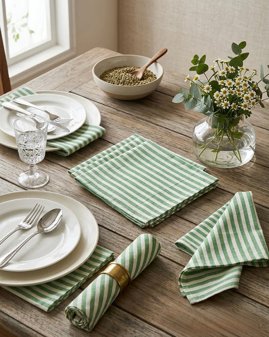 House of Mulmul - Blockprinted Cotton Table Napkins. Dining table set with green & white striped napkins, white plates, and silverware on a wooden surface.