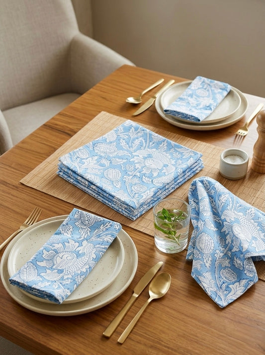 House of Mulmul - Blockprinted Cotton Table Napkins. Table setting with blue patterned napkins on plates and gold cutlery.