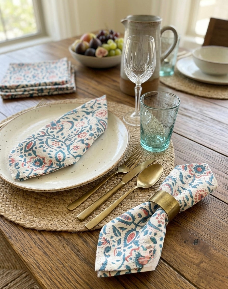 House of Mulmul - Blockprinted Cotton Table Napkins. Dining table setting with floral patterned in paisley pattern in blue and red napkins, plates, and cutlery on a wooden table.