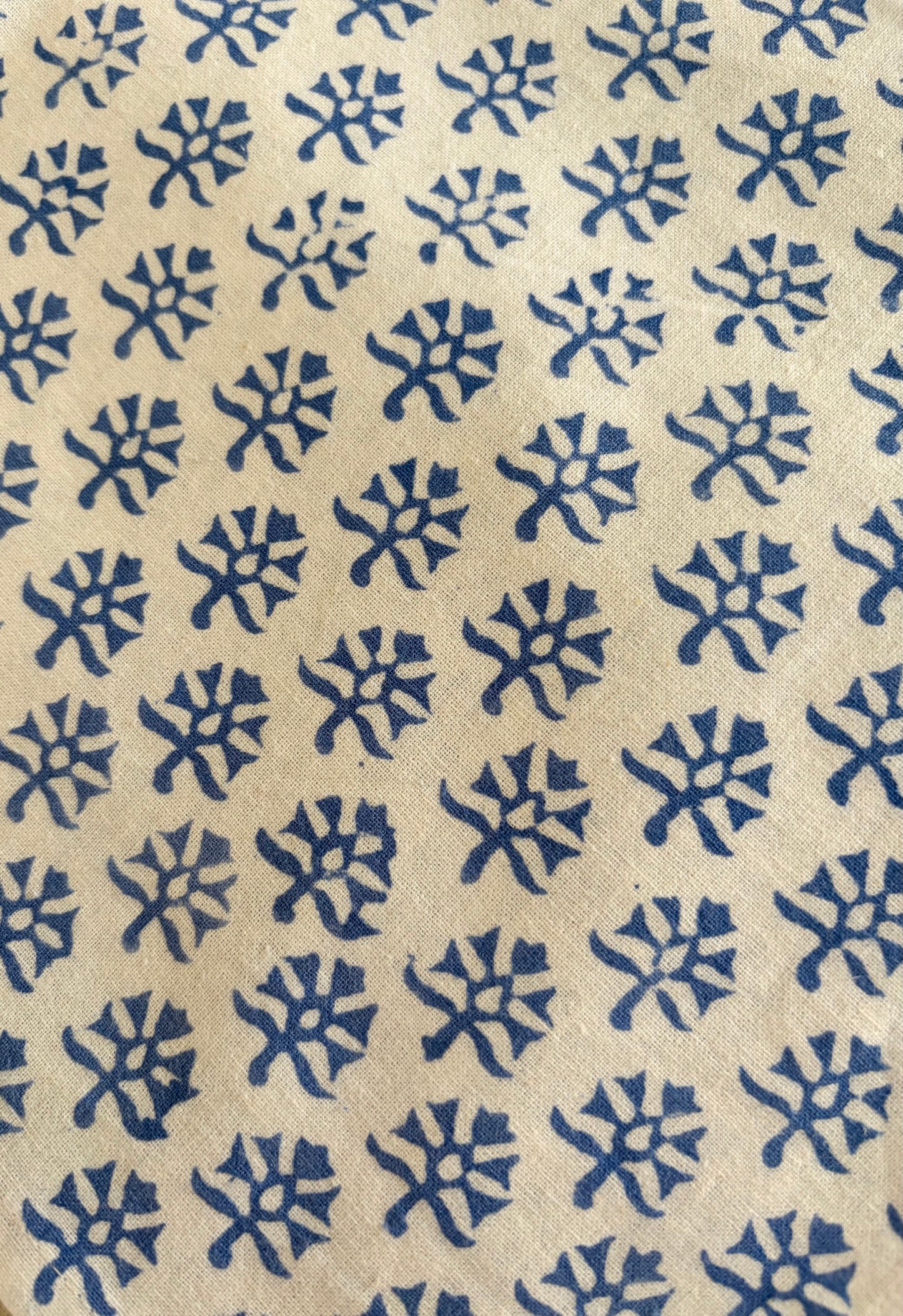 House of Mulmul - Blockprinted Cotton Table Napkins. Patterned fabric with blue geometric design on beige background