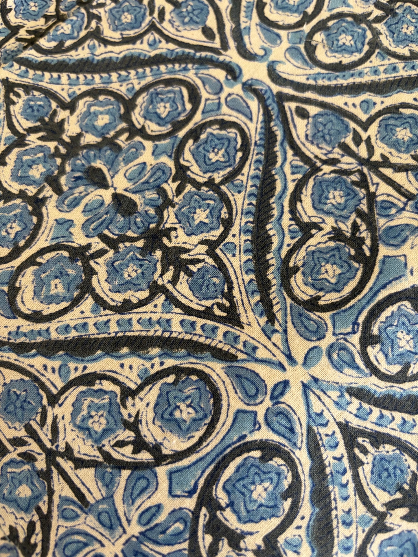 House of Mulmul - Blockprinted Cotton Table Napkins. Close-up of intricate blue and black floral pattern on fabric