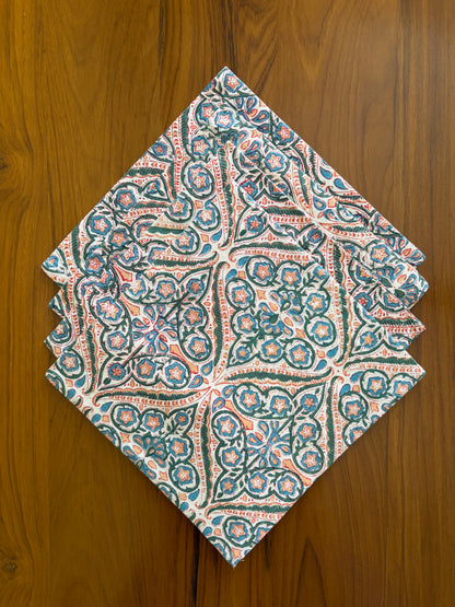 House of Mulmul - Blockprinted Cotton Table Napkins. Patterned table napkins fabric on a wooden surface