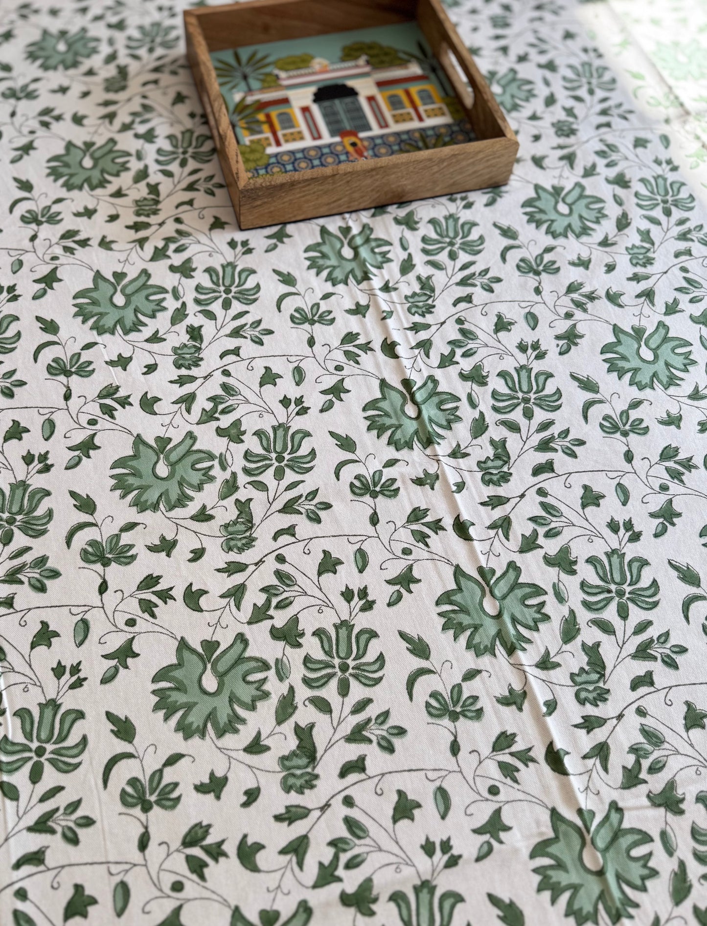 House of Mulmul - Blockprinted Cotton Table Cloth. Cotton tablecloth with green and white colors and flowers