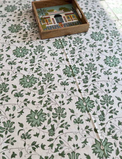 House of Mulmul - Blockprinted Cotton Table Cloth. Cotton tablecloth with green and white colors and flowers