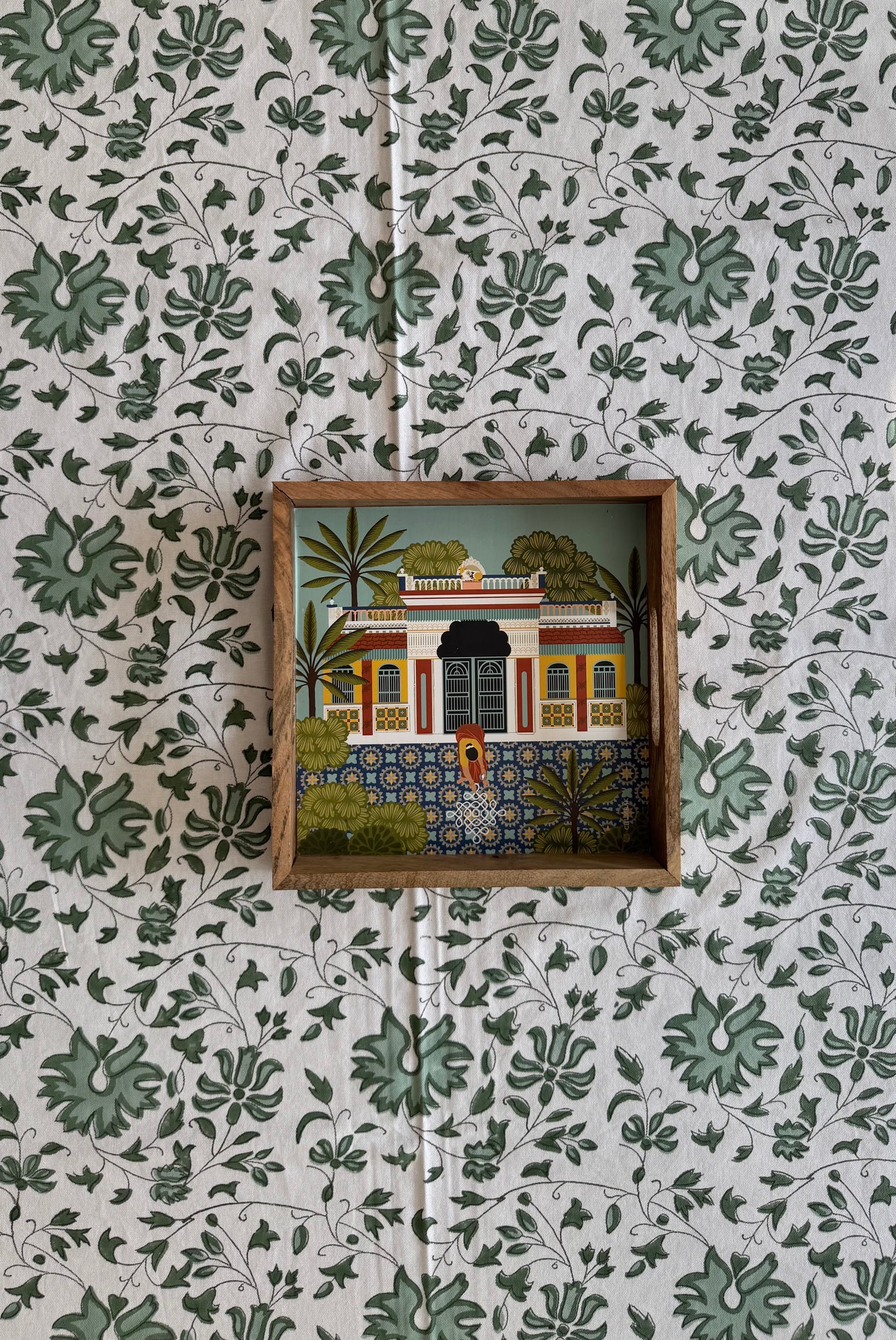 House of Mulmul - Blockprinted Cotton Table Cloth. Cotton tablecloth with green and white colors and flowers