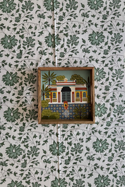 House of Mulmul - Blockprinted Cotton Table Cloth. Cotton tablecloth with green and white colors and flowers