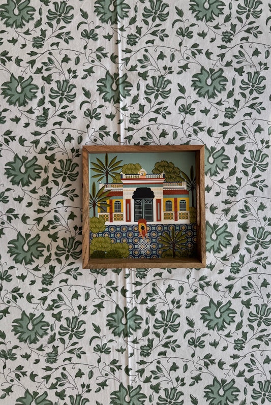 House of Mulmul - Blockprinted Cotton Table Cloth. Cotton tablecloth with green and white colors and flowers