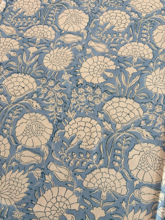 Azure Bloom Block Print Cotton Tablecloth collection - Blue White Green - Multiple Sizes