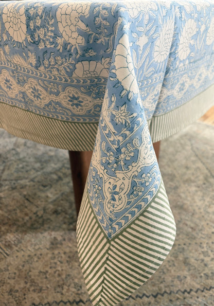 Azure Bloom Block Print Cotton Tablecloth collection - Blue White Green - Multiple Sizes