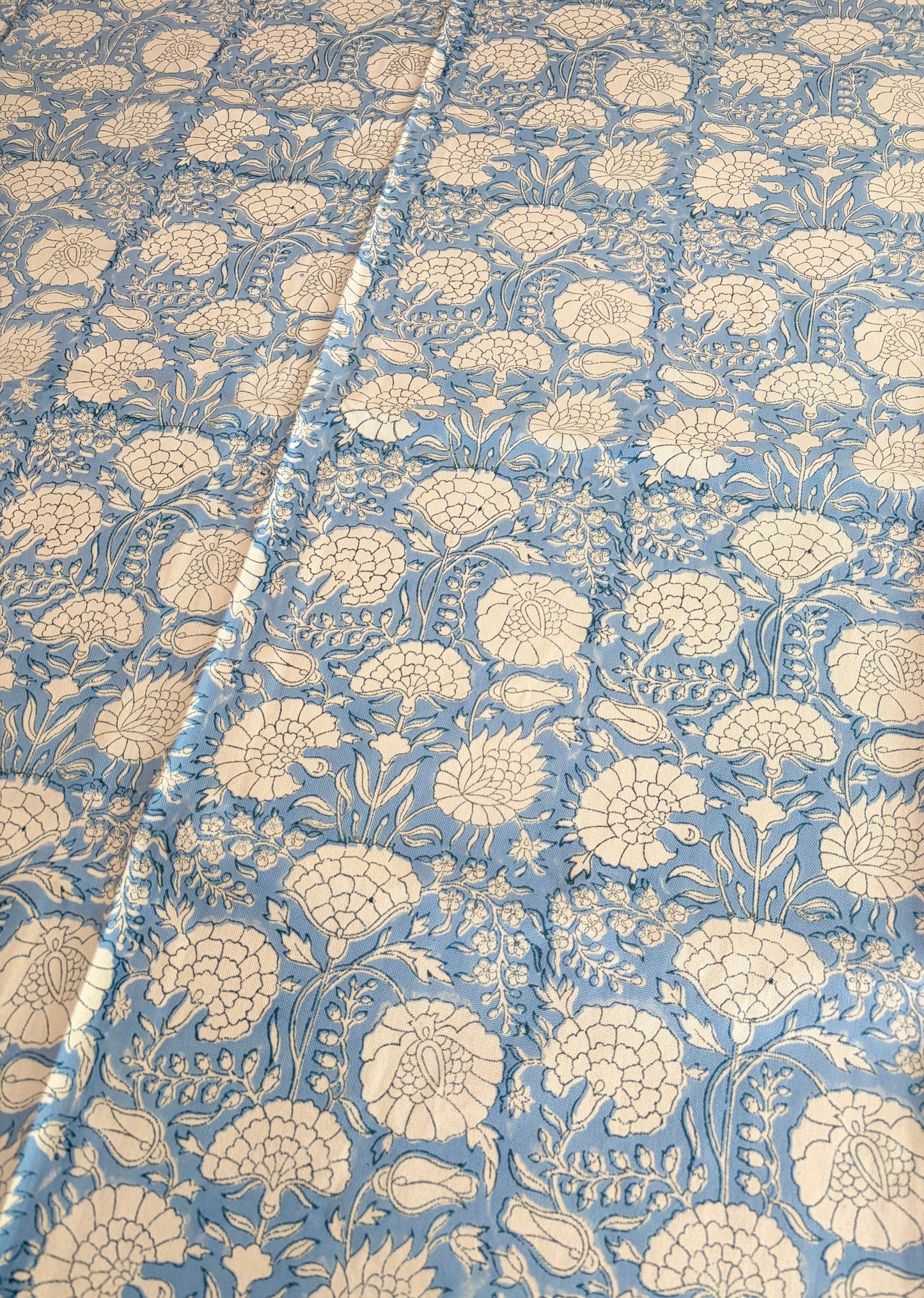 Azure Bloom Block Print Cotton Tablecloth collection - Blue White Green - Multiple Sizes