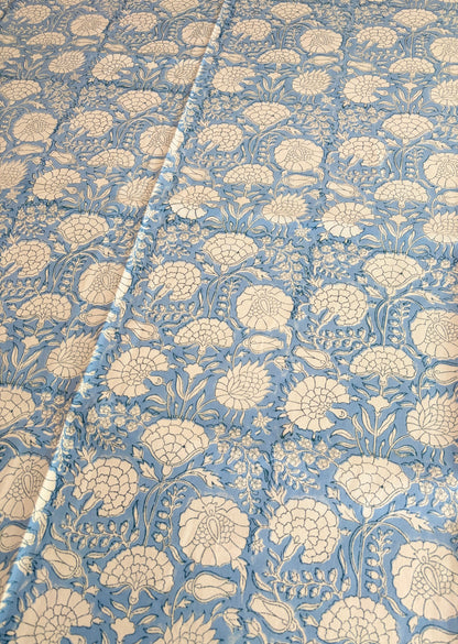Azure Bloom Block Print Cotton Tablecloth collection - Blue White Green - Multiple Sizes