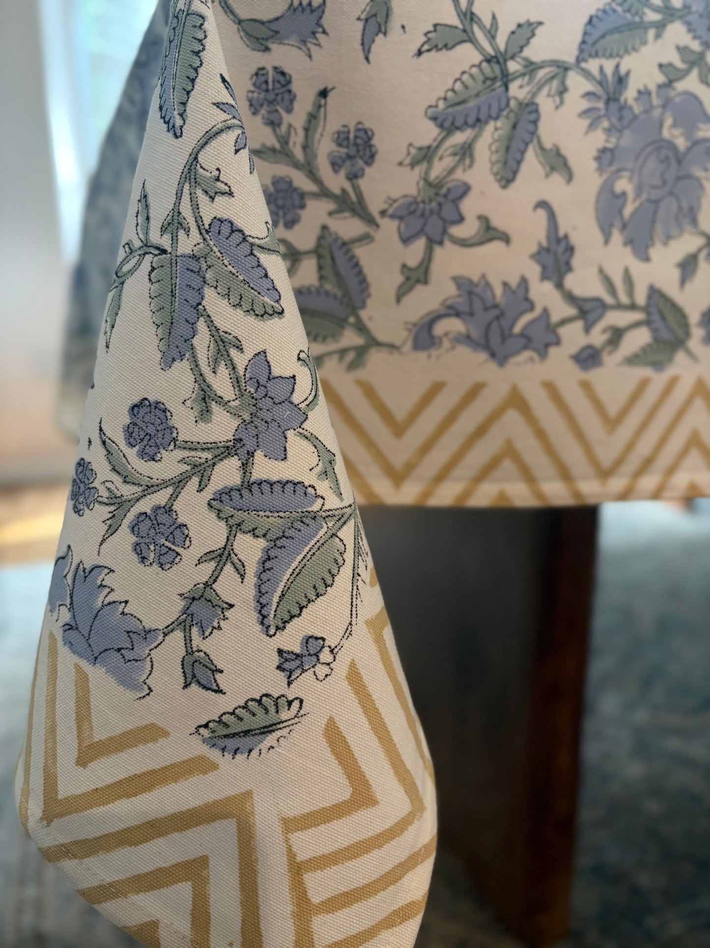 Periwinkle Pathway Bloom Block Print Cotton Tablecloth collection - Blue Green Golden White - Multiple Sizes