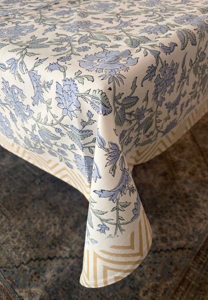 Periwinkle Pathway Bloom Block Print Cotton Tablecloth collection - Blue Green Golden White - Multiple Sizes