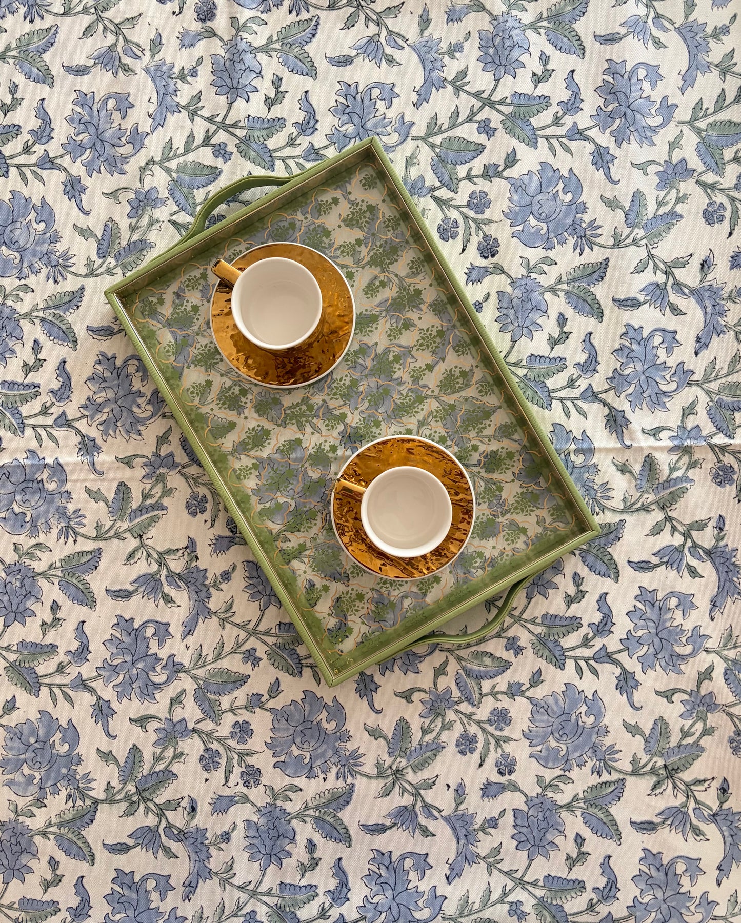 Periwinkle Pathway Bloom Block Print Cotton Tablecloth collection - Blue Green Golden White - Multiple Sizes