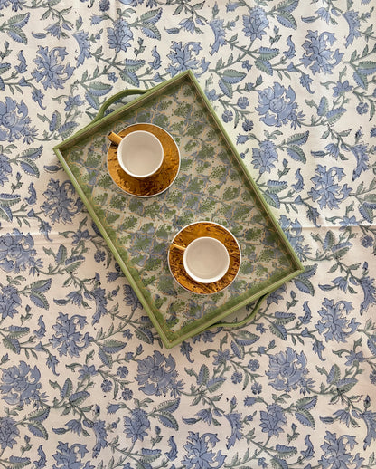 Periwinkle Pathway Bloom Block Print Cotton Tablecloth collection - Blue Green Golden White - Multiple Sizes
