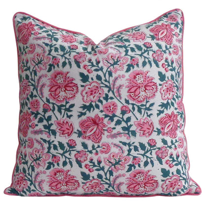 House of Mulmul - Blockprinted Cushion Covers-Pillow Cases. A square decorative throw pillow featuring a vibrant pink and teal floral pattern on a white background, finished with a contrasting pink piped edge.